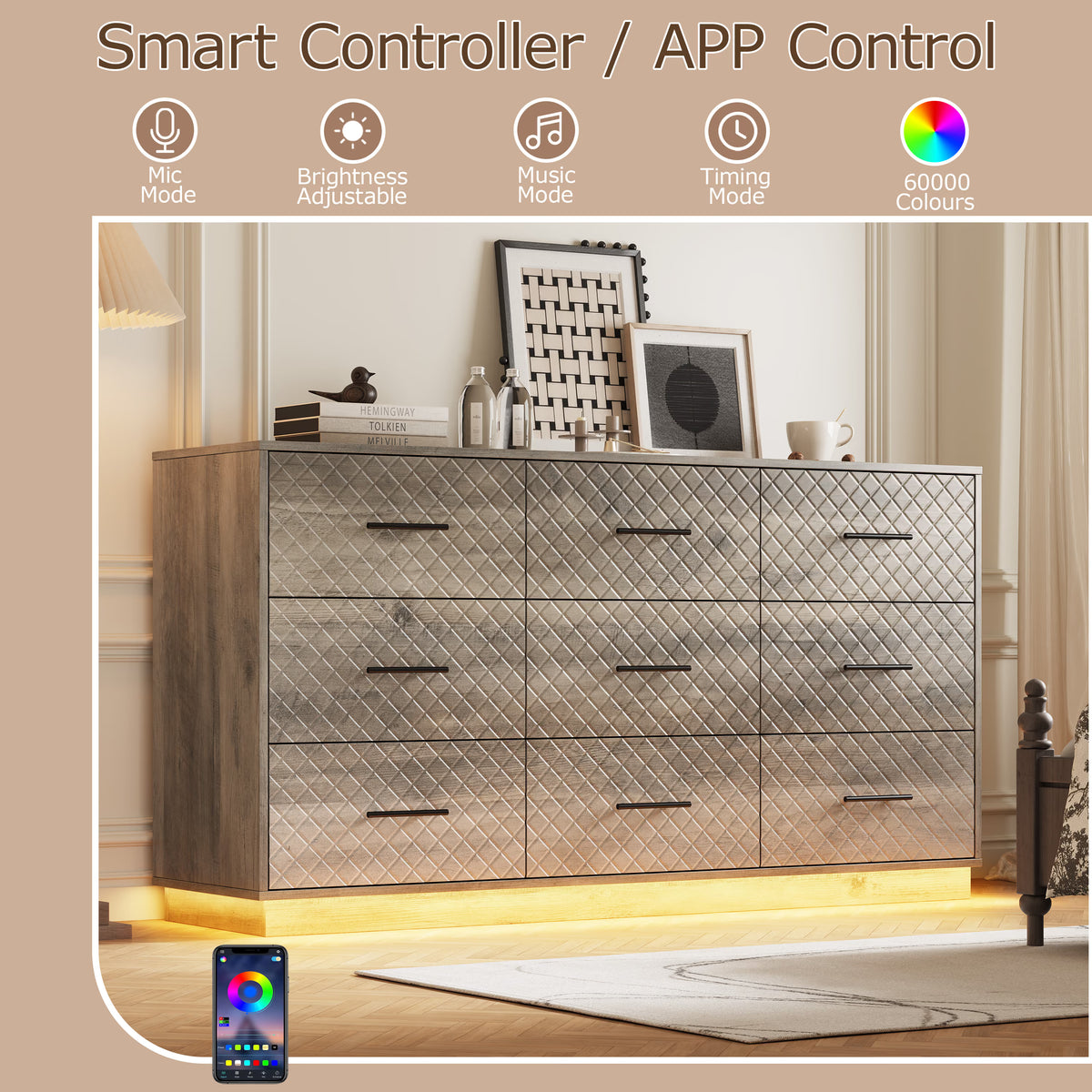 Smart controller and app control for the wood gray dresser LED lights, with music and timing modes