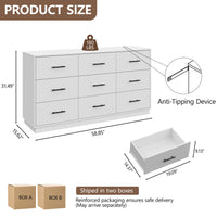 White 9-drawer double dresser dimensions: 58.85 in W x 15.62 in D x 31.49 in H, ships in two boxes