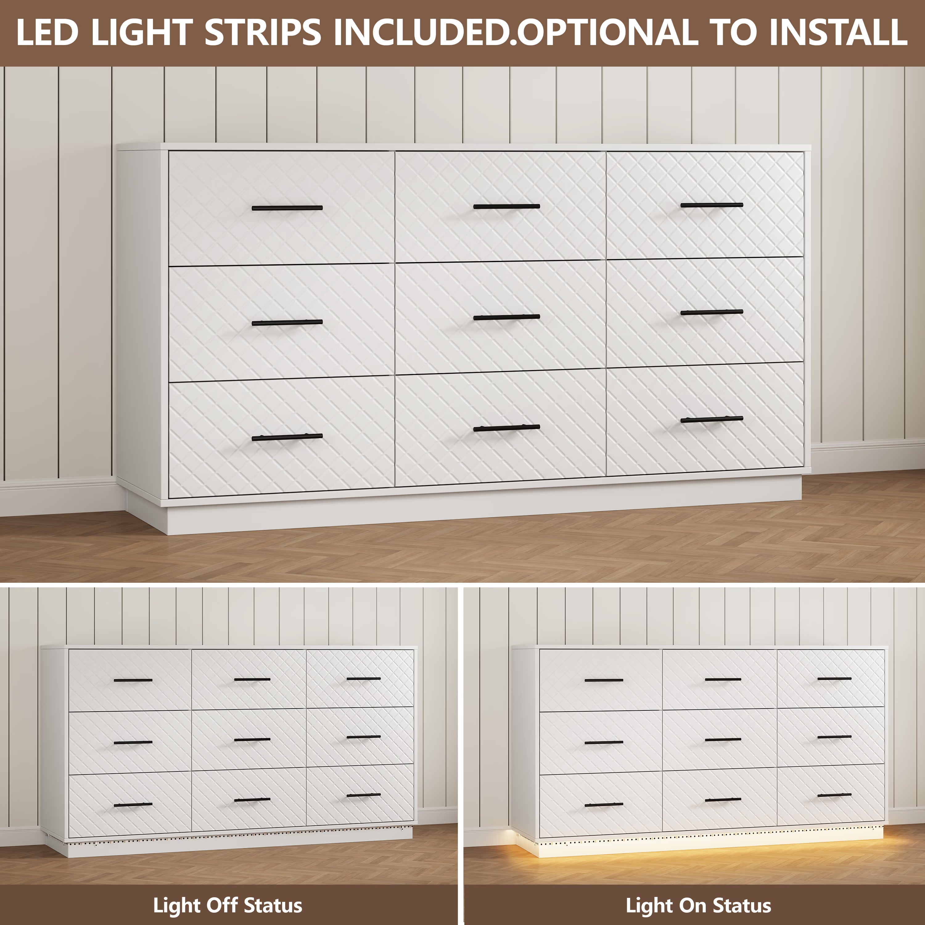 LED light strips on the white 9-drawer dresser, optional to install, light on and off comparison