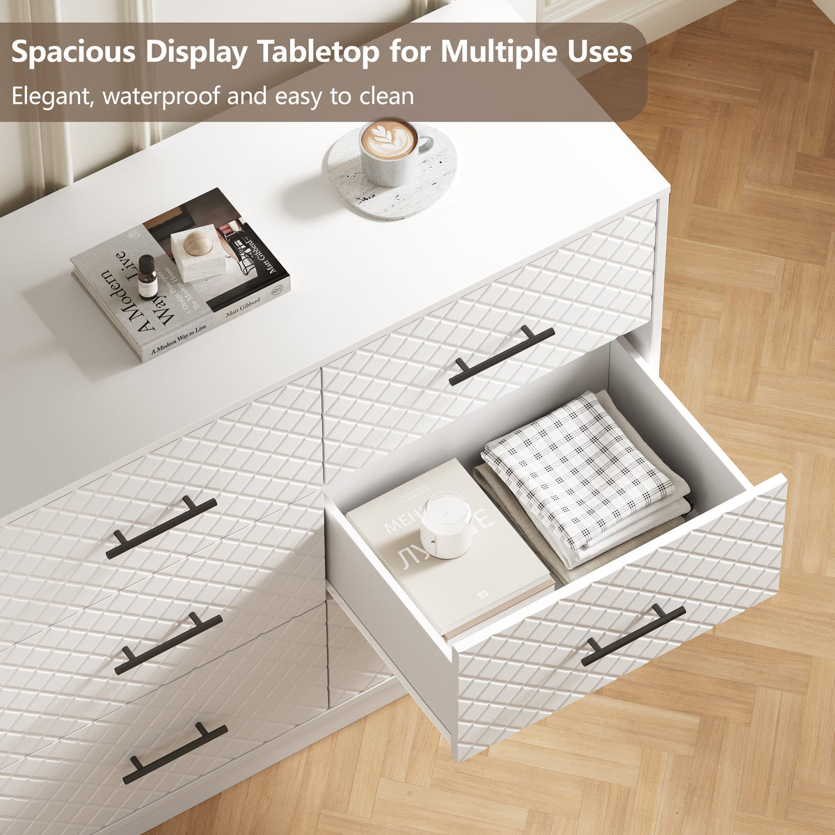 Spacious waterproof tabletop and deep drawer storage of the white 9-drawer dresser