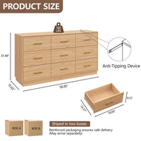 Oak wood 9-drawer double dresser dimensions: 58.85 in W x 15.62 in D x 31.49 in H, ships in two boxes