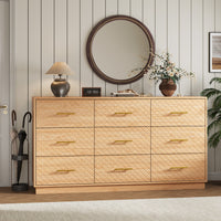 Oak wood 9-drawer double dresser styled in an entryway with a round mirror