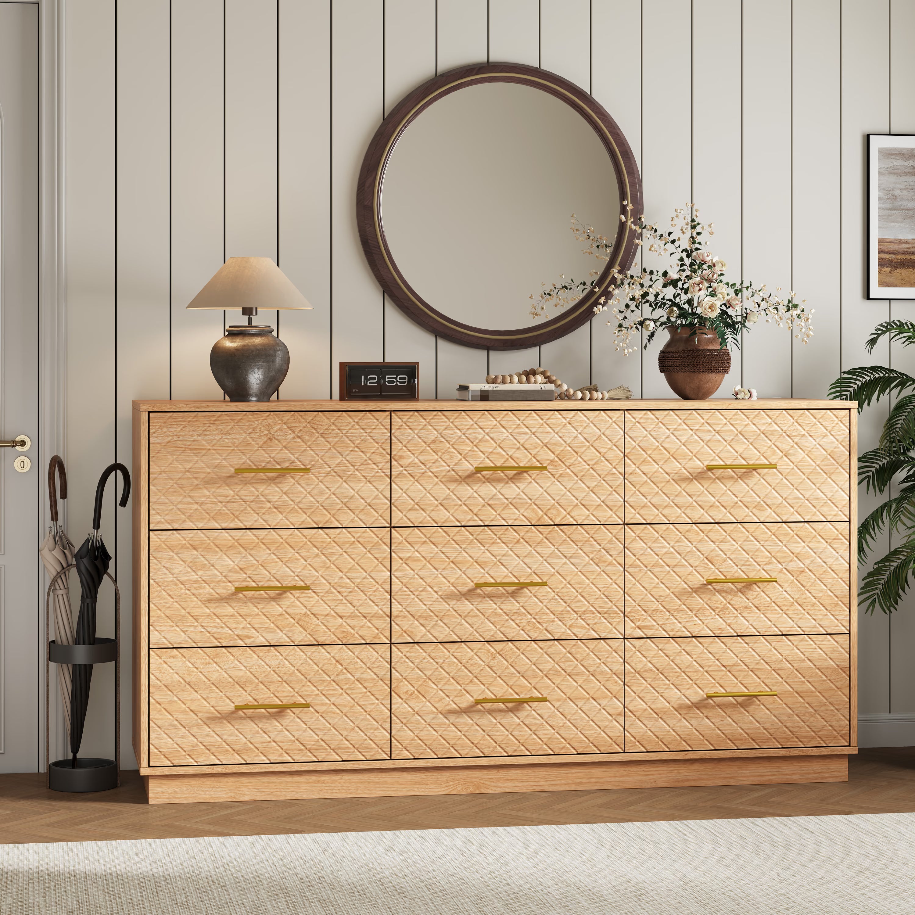 Oak wood 9-drawer double dresser styled in an entryway with a round mirror