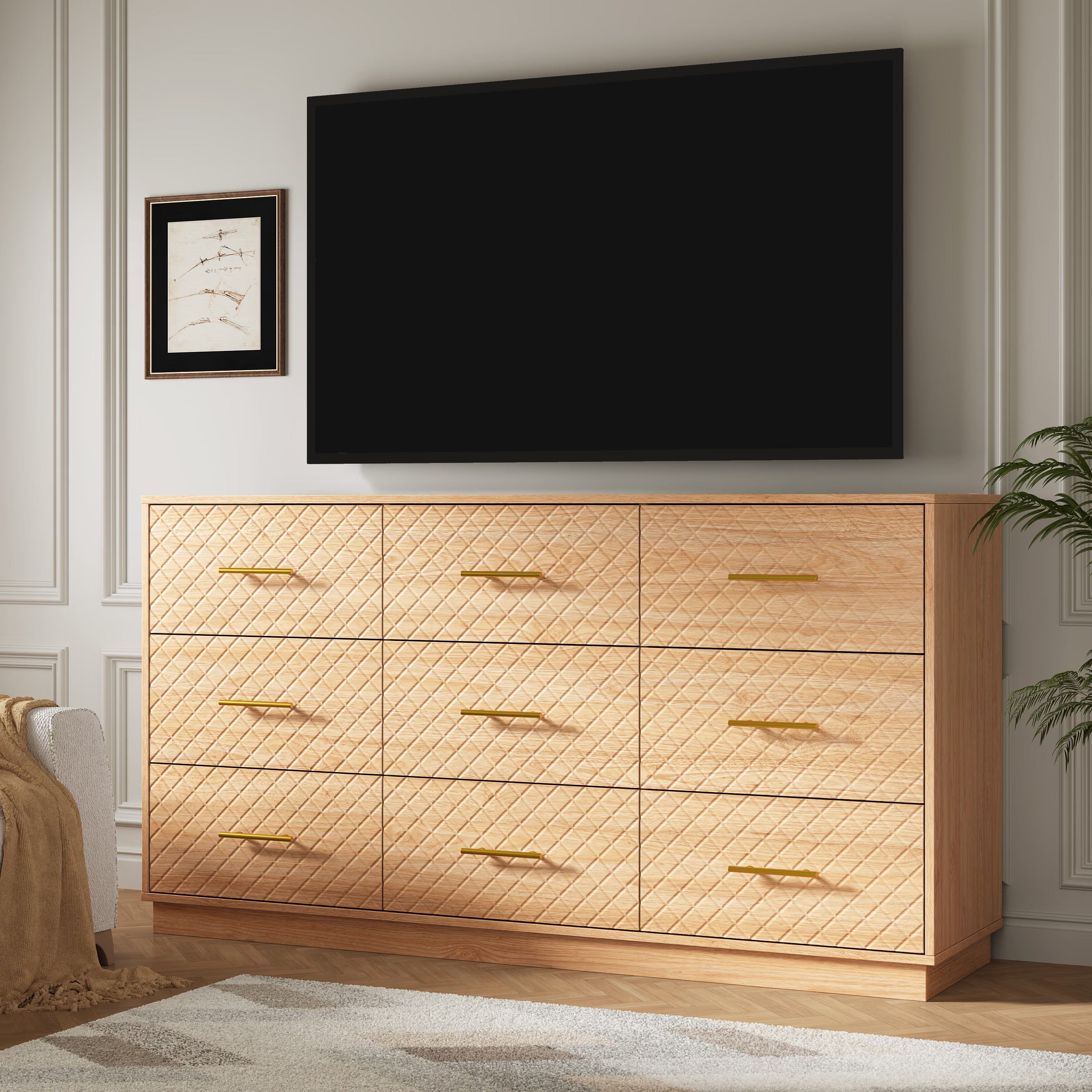 Oak wood 9-drawer double dresser used as a TV stand under a wall-mounted TV
