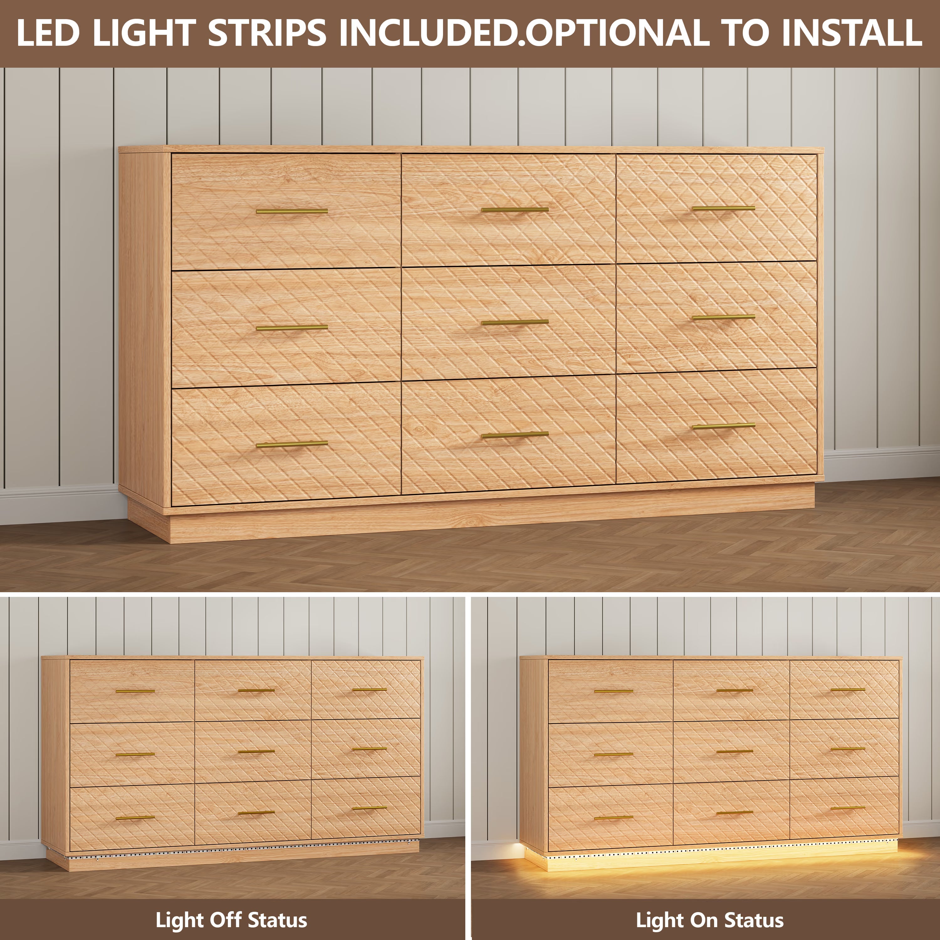 LED light strips on the oak wood 9-drawer dresser, optional to install, light on and off comparison