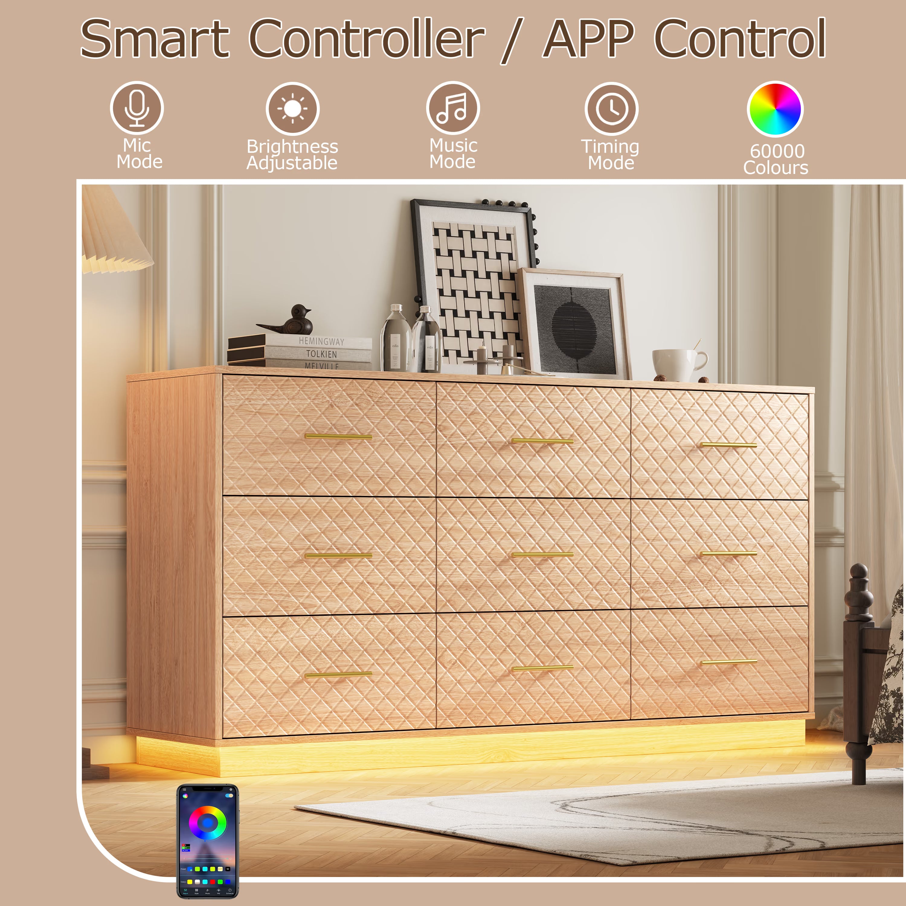 Smart controller and app control for the oak wood dresser LED lights, with music and timing modes