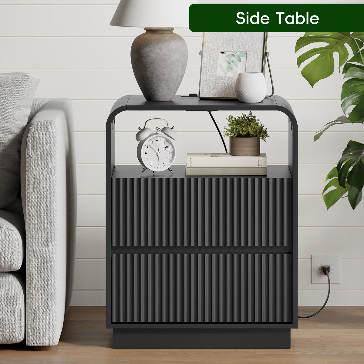 Anymaple Linea Black fluted nightstand with charging station bedroom side table lifestyle view with bedside storage