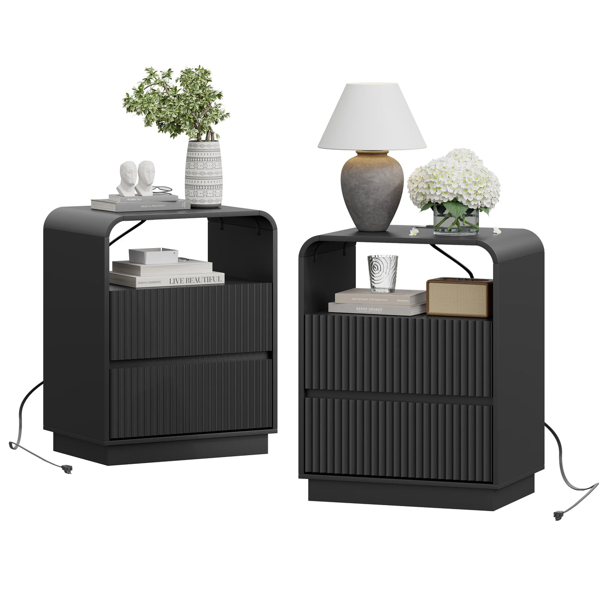Anymaple Linea Black fluted nightstand with charging station bedroom side table lifestyle view with bedside storage