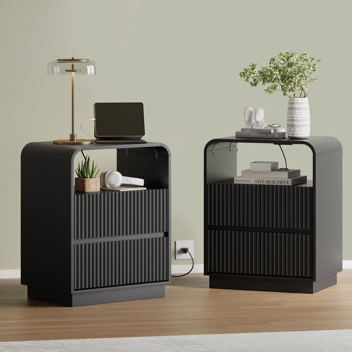 Anymaple Linea Black fluted nightstand with charging station charging station, anti-tip, and easy-clean bedside storage detail