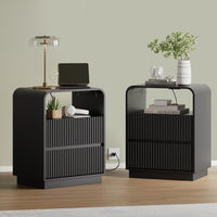 Anymaple Linea Black fluted nightstand with charging station charging station, anti-tip, and easy-clean bedside storage detail