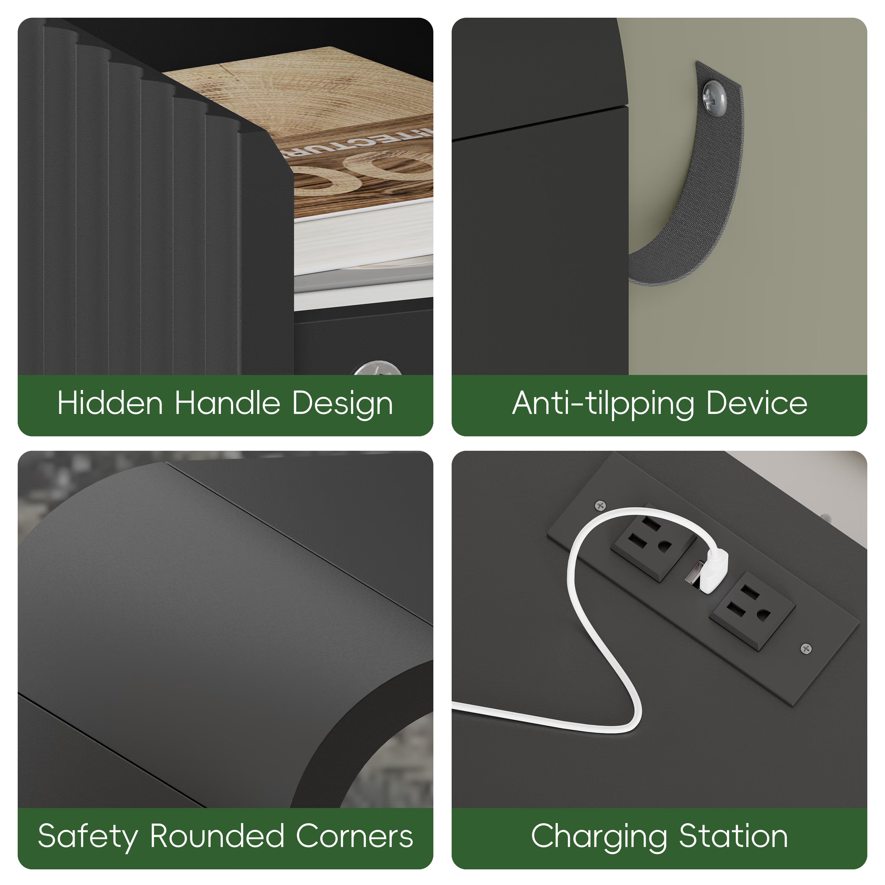 Anymaple Linea Black fluted nightstand with charging station charging station, anti-tip, and easy-clean bedside storage detail