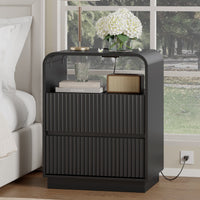 Anymaple Linea Black fluted nightstand with charging station bedside main view with rounded fluted front