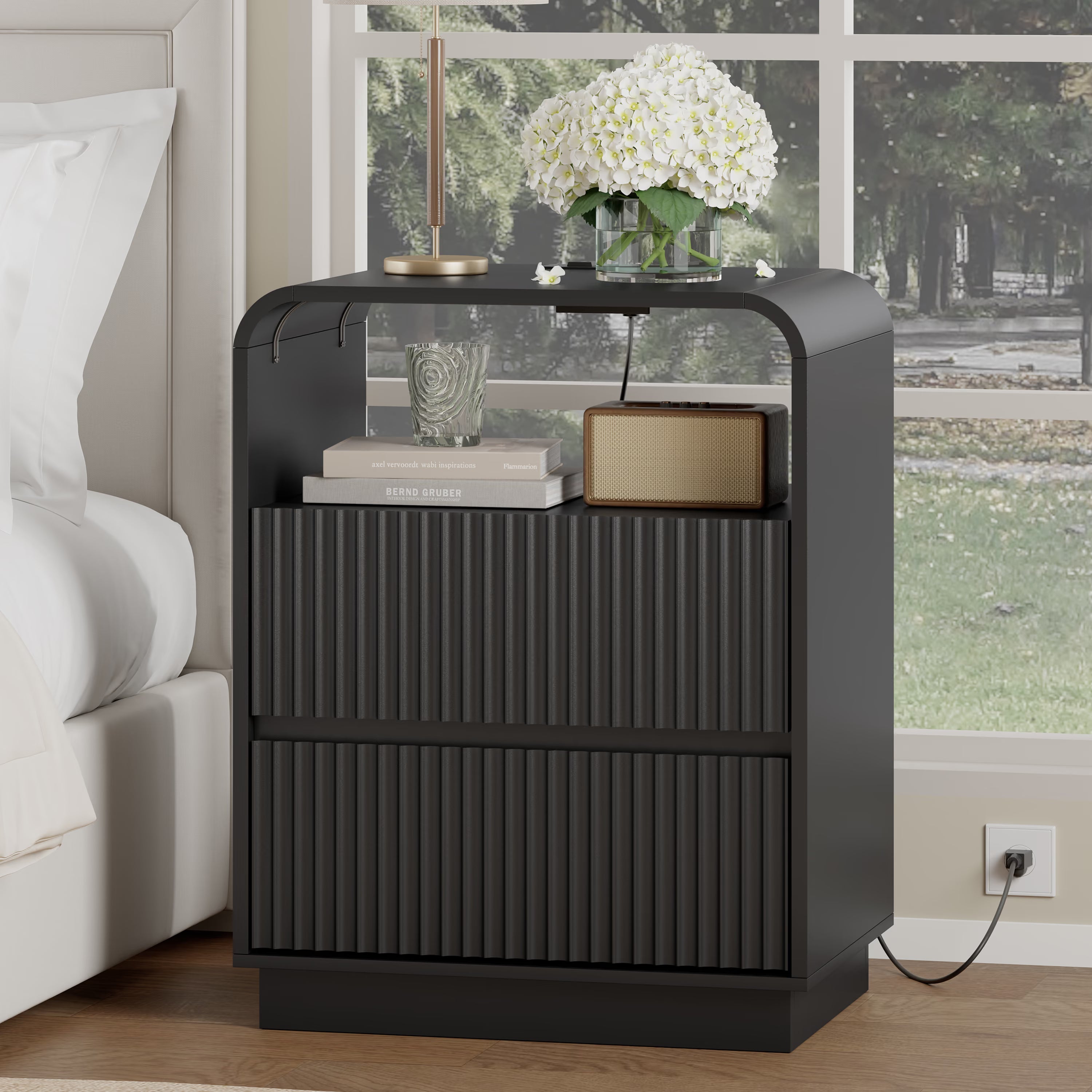 Anymaple Linea Black fluted nightstand with charging station bedside main view with rounded fluted front