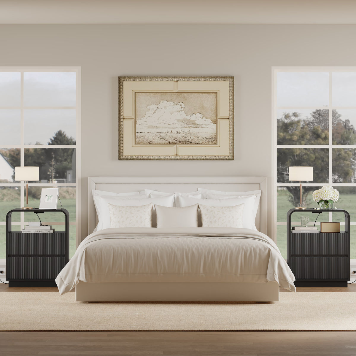 Anymaple Linea Black fluted nightstand with charging station product size dimensions, 22"W x 16"D x 28"H