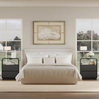 Anymaple Linea Black fluted nightstand with charging station product size dimensions, 22"W x 16"D x 28"H