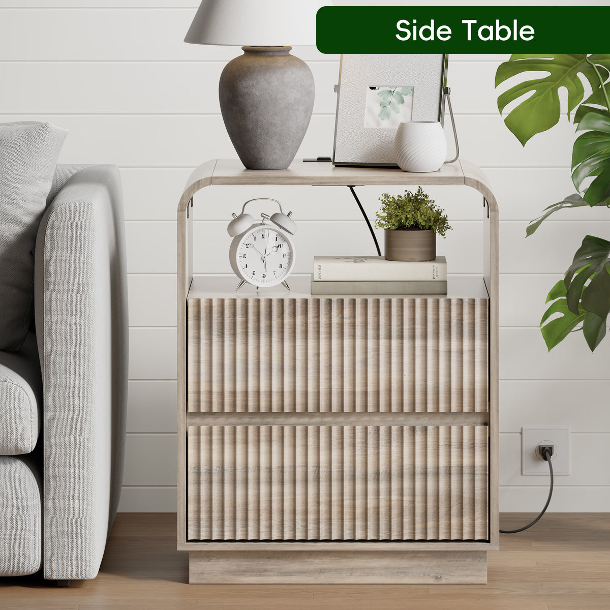 Anymaple Linea Gray fluted nightstand with charging station bedroom side table lifestyle view with bedside storage