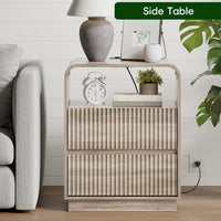 Anymaple Linea Gray fluted nightstand with charging station bedroom side table lifestyle view with bedside storage