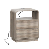 Anymaple Linea Gray fluted nightstand with charging station bedroom side table lifestyle view with bedside storage