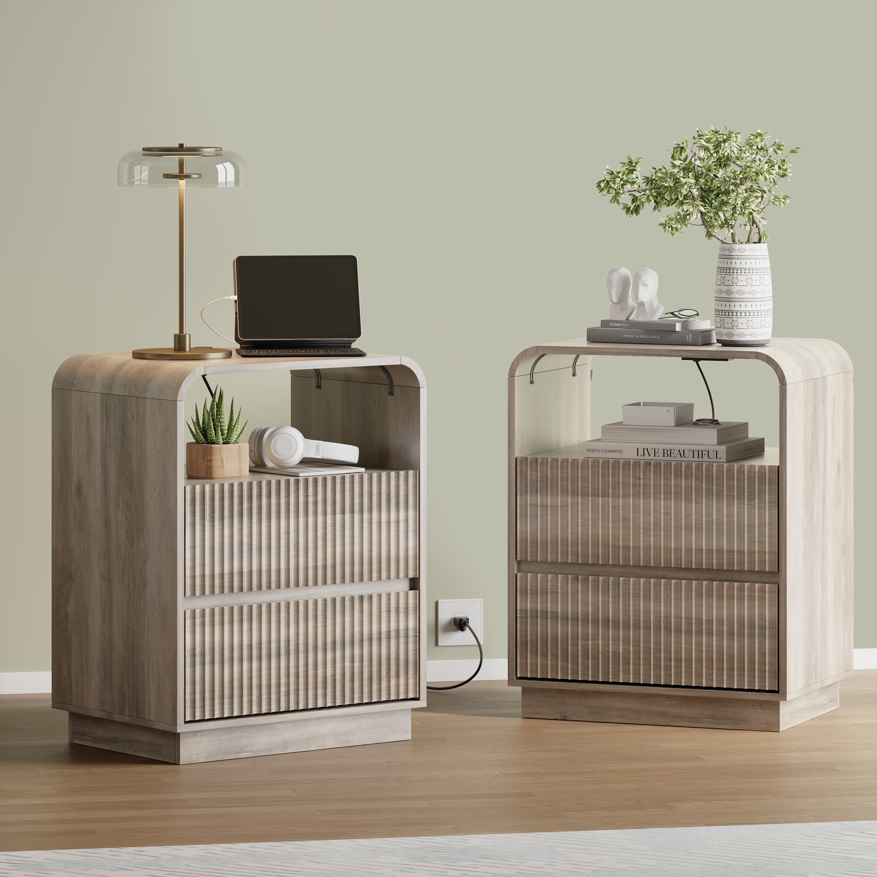 Anymaple Linea Gray fluted nightstand with charging station charging station, anti-tip, and easy-clean bedside storage detail