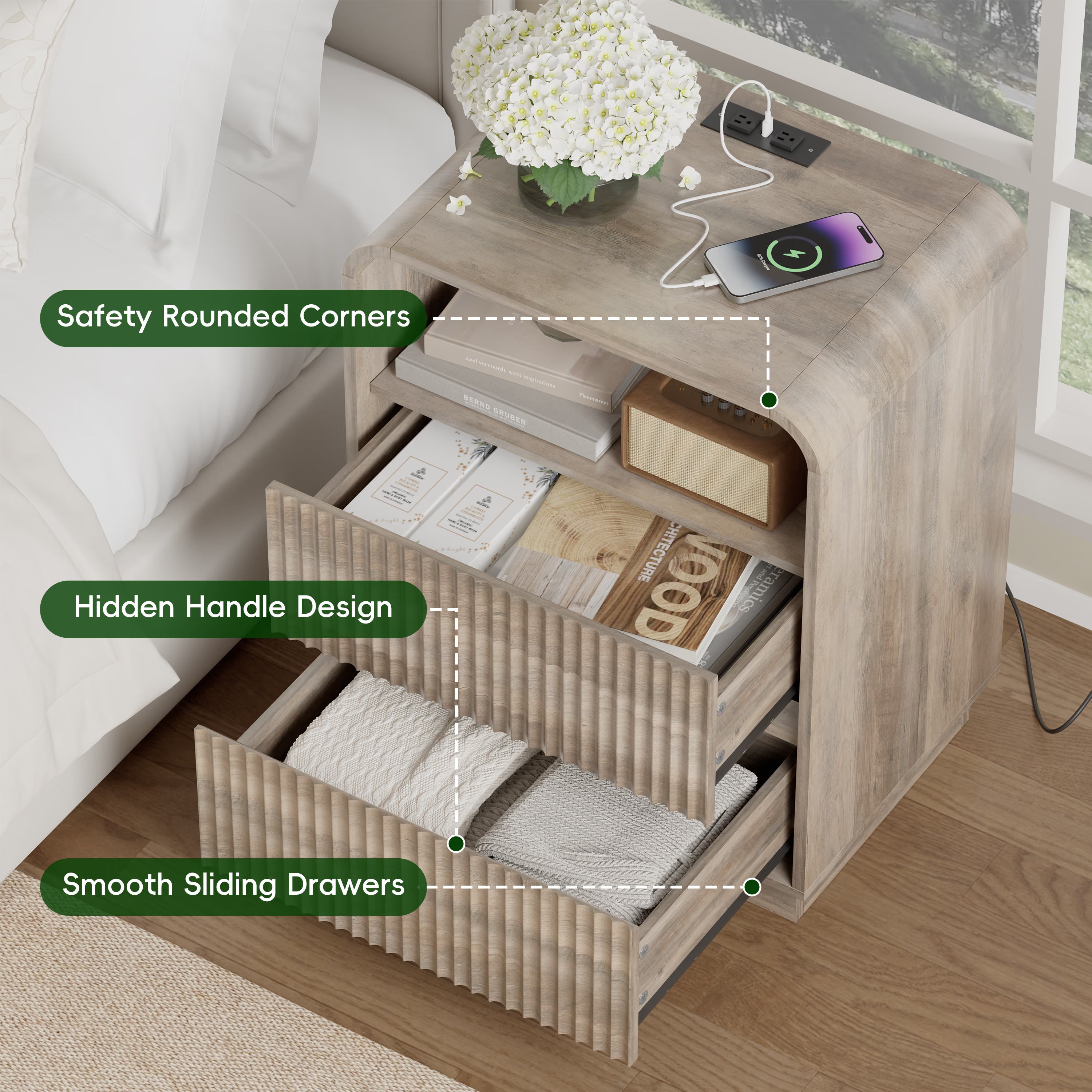 Anymaple Linea Gray fluted nightstand with charging station charging station, anti-tip, and easy-clean bedside storage detail