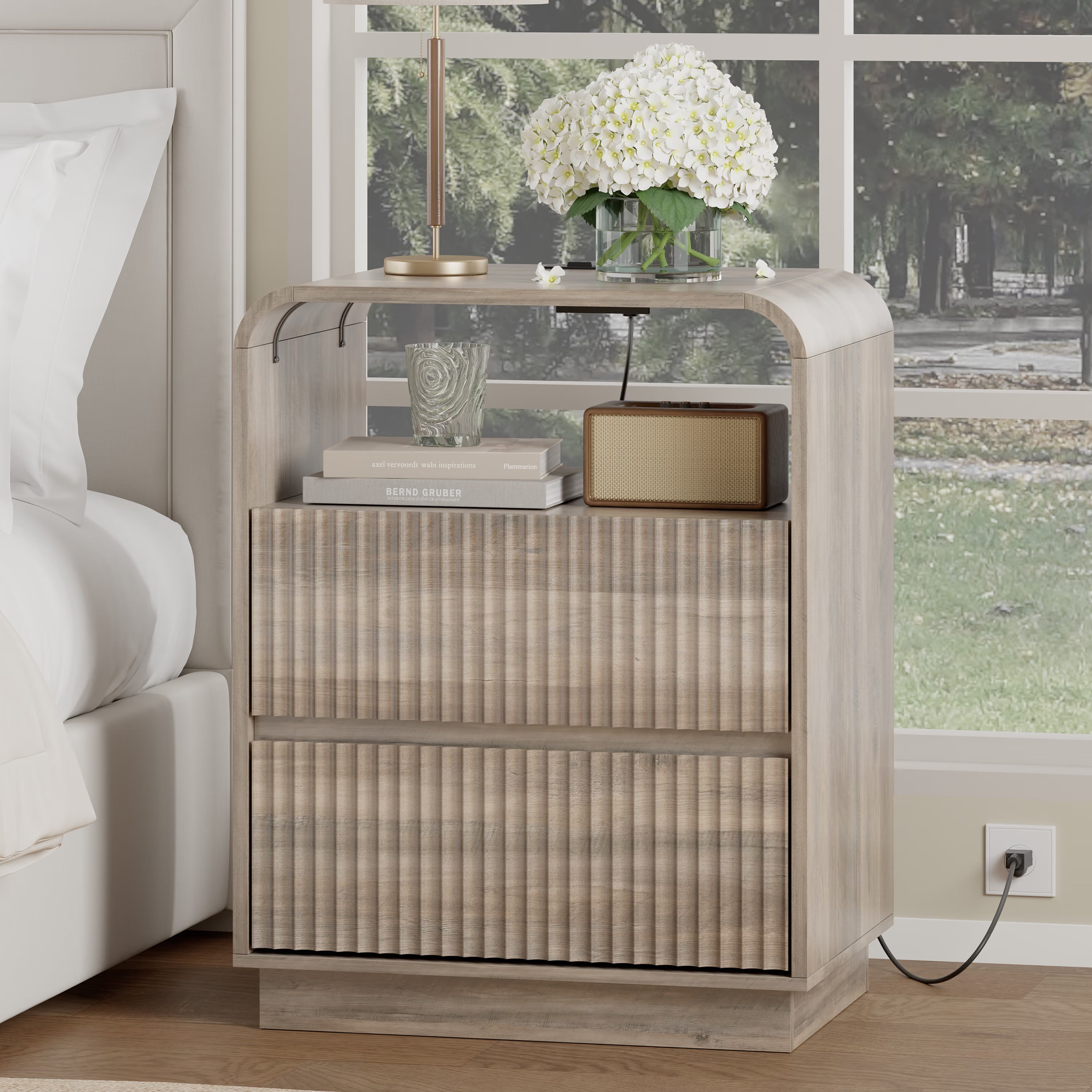 Anymaple Linea Gray fluted nightstand with charging station bedside main view with rounded fluted front