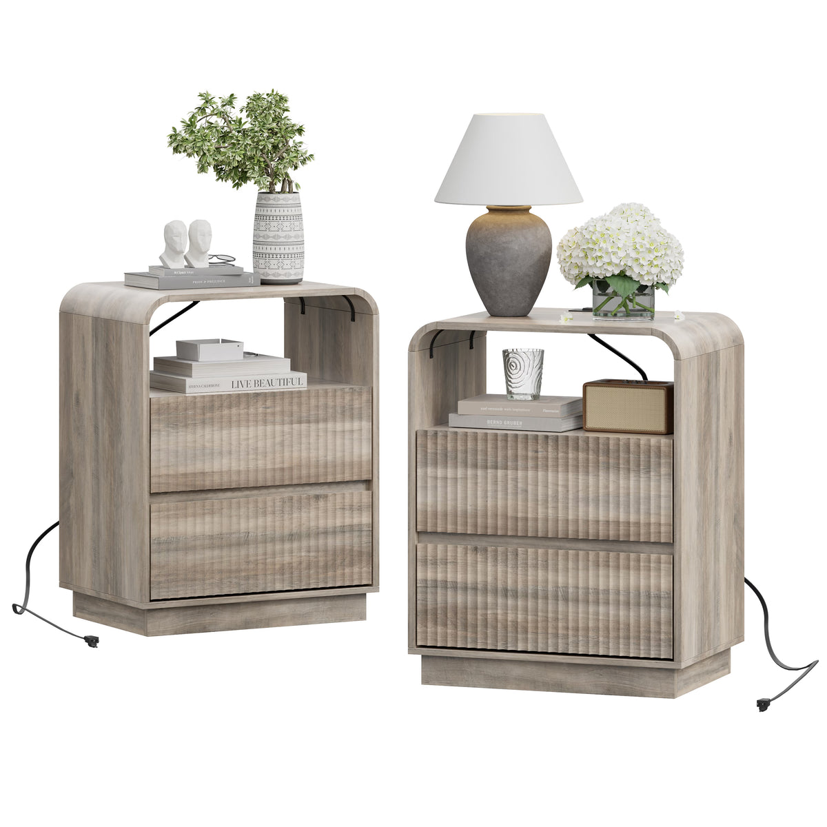 Anymaple Linea Gray fluted nightstand with charging station product size dimensions, 22"W x 16"D x 28"H