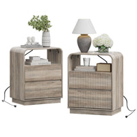 Anymaple Linea Gray fluted nightstand with charging station product size dimensions, 22"W x 16"D x 28"H