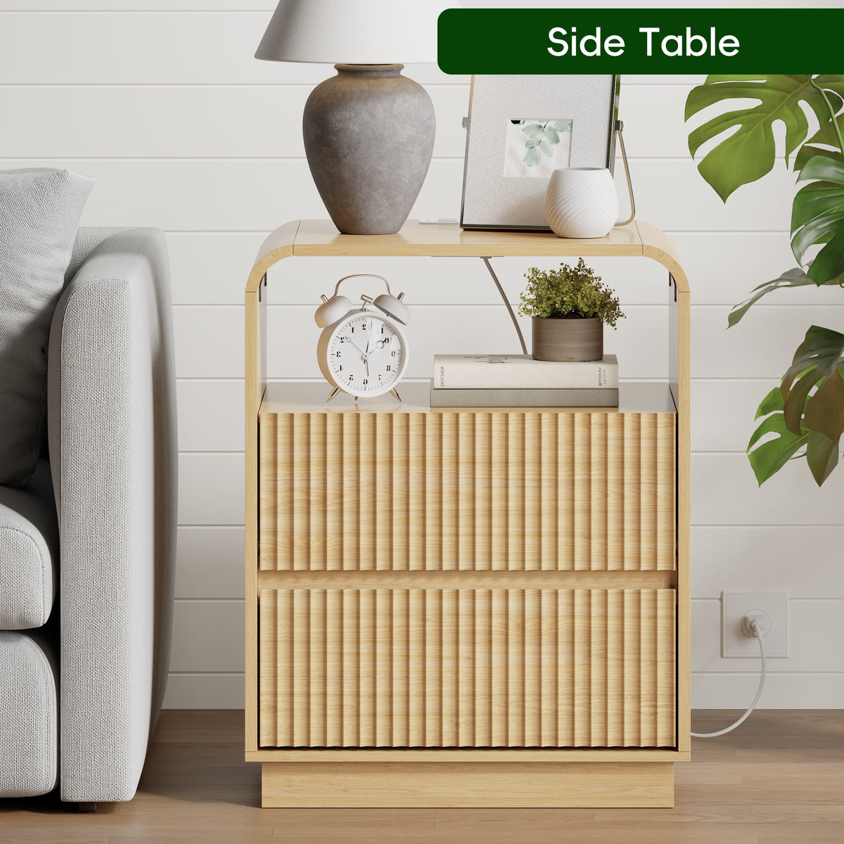 Anymaple Linea Oak fluted nightstand with charging station bedroom side table lifestyle view with bedside storage