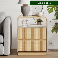 Anymaple Linea Oak fluted nightstand with charging station bedroom side table lifestyle view with bedside storage