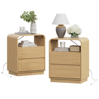 Anymaple Linea Oak fluted nightstand with charging station bedroom side table lifestyle view with bedside storage