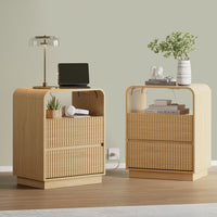 Anymaple Linea Oak fluted nightstand with charging station charging station, anti-tip, and easy-clean bedside storage detail