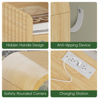 Anymaple Linea Oak fluted nightstand with charging station charging station, anti-tip, and easy-clean bedside storage detail