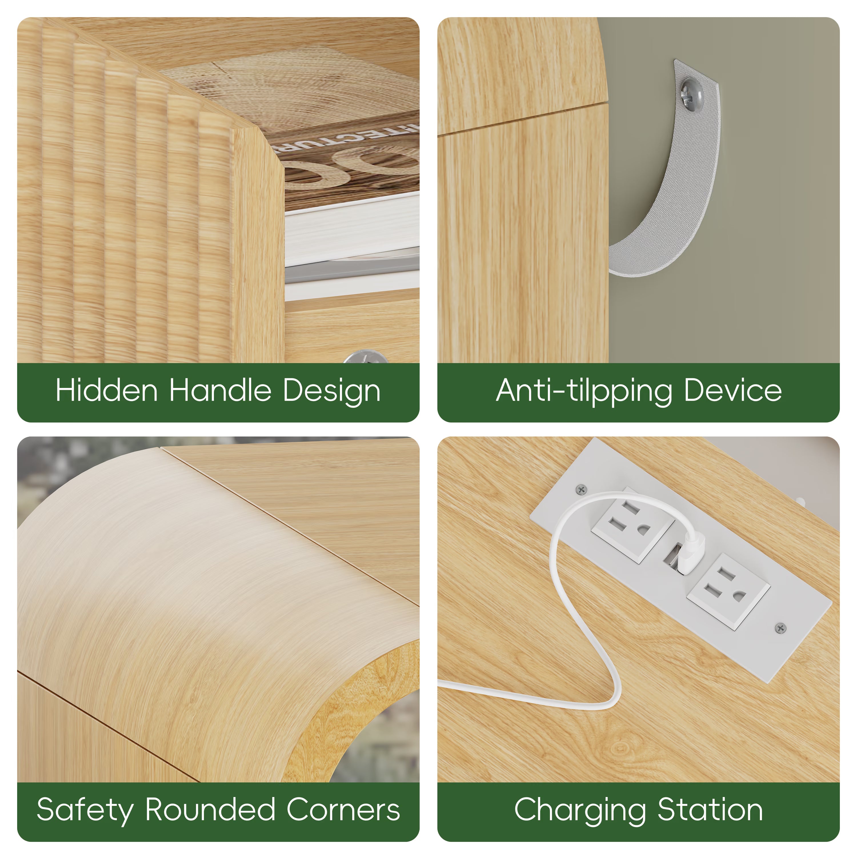 Anymaple Linea Oak fluted nightstand with charging station charging station, anti-tip, and easy-clean bedside storage detail