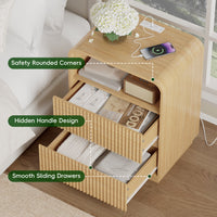 Anymaple Linea Oak fluted nightstand with charging station charging station, anti-tip, and easy-clean bedside storage detail