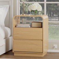 Anymaple Linea Oak fluted nightstand with charging station bedside main view with rounded fluted front