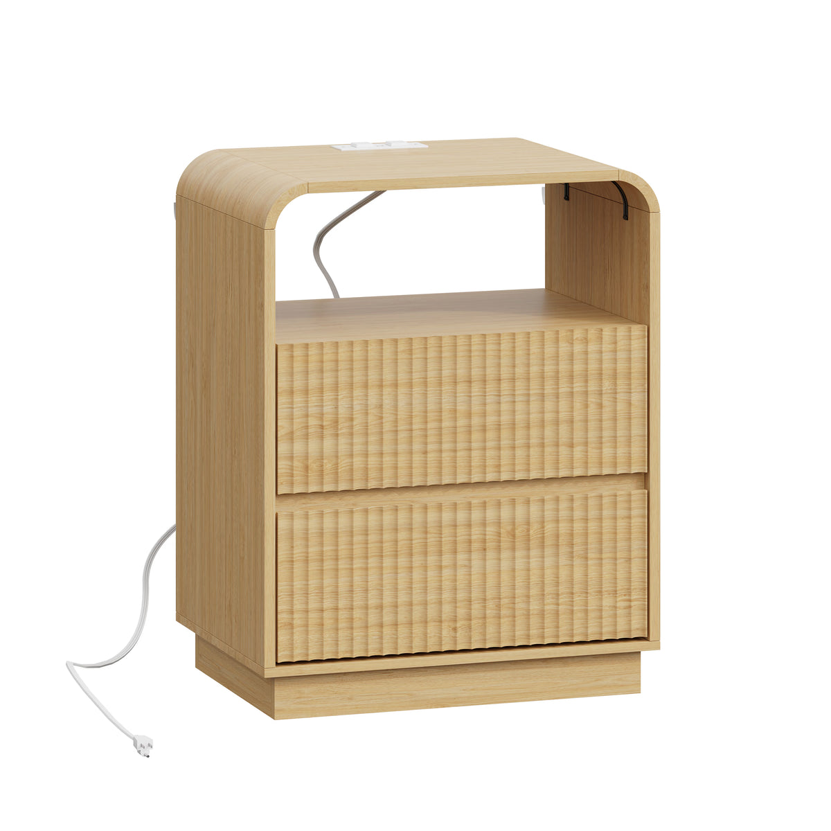 Anymaple Linea Oak fluted nightstand with charging station open drawer storage for bedside essentials