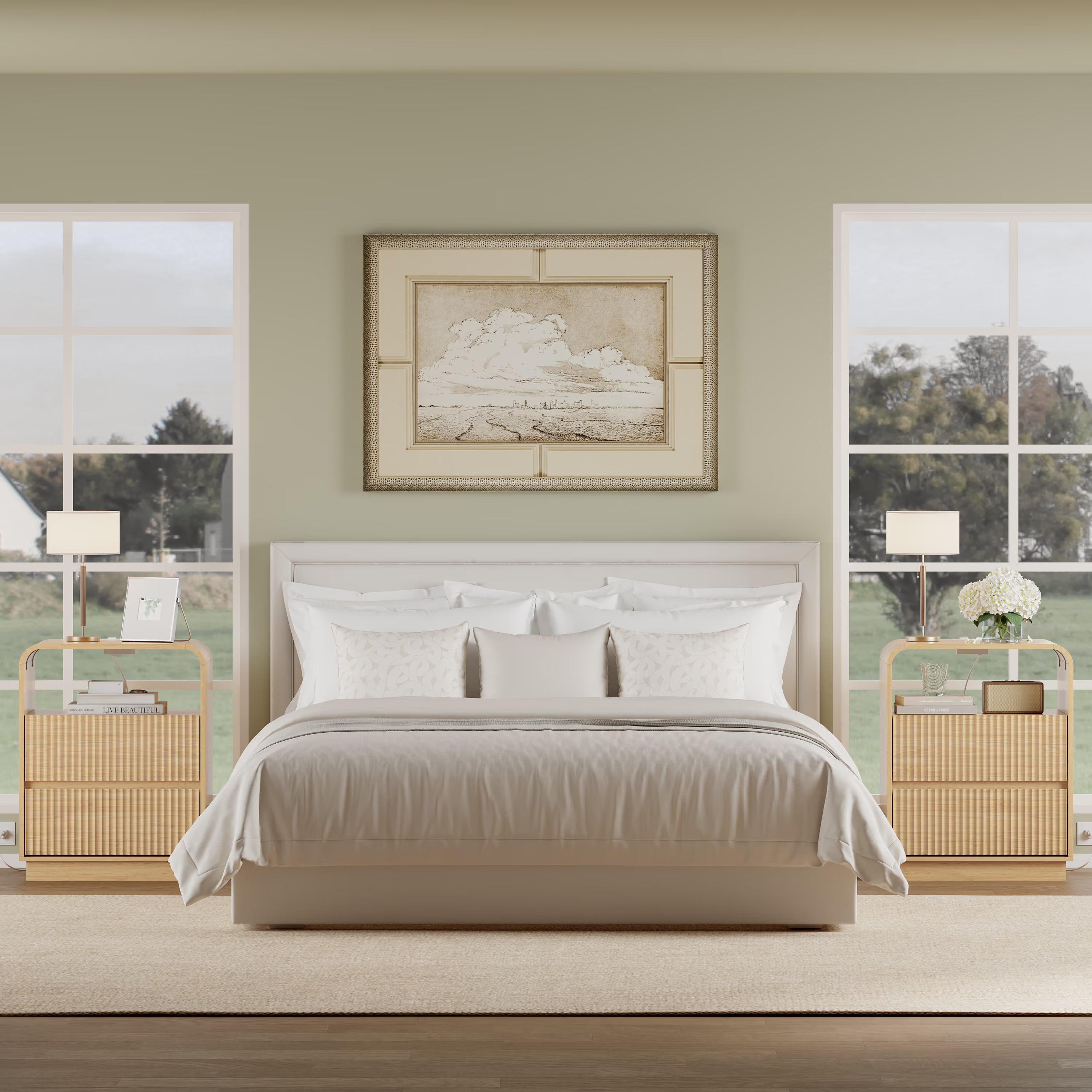 Anymaple Linea Oak fluted nightstand with charging station product size dimensions, 22"W x 16"D x 28"H