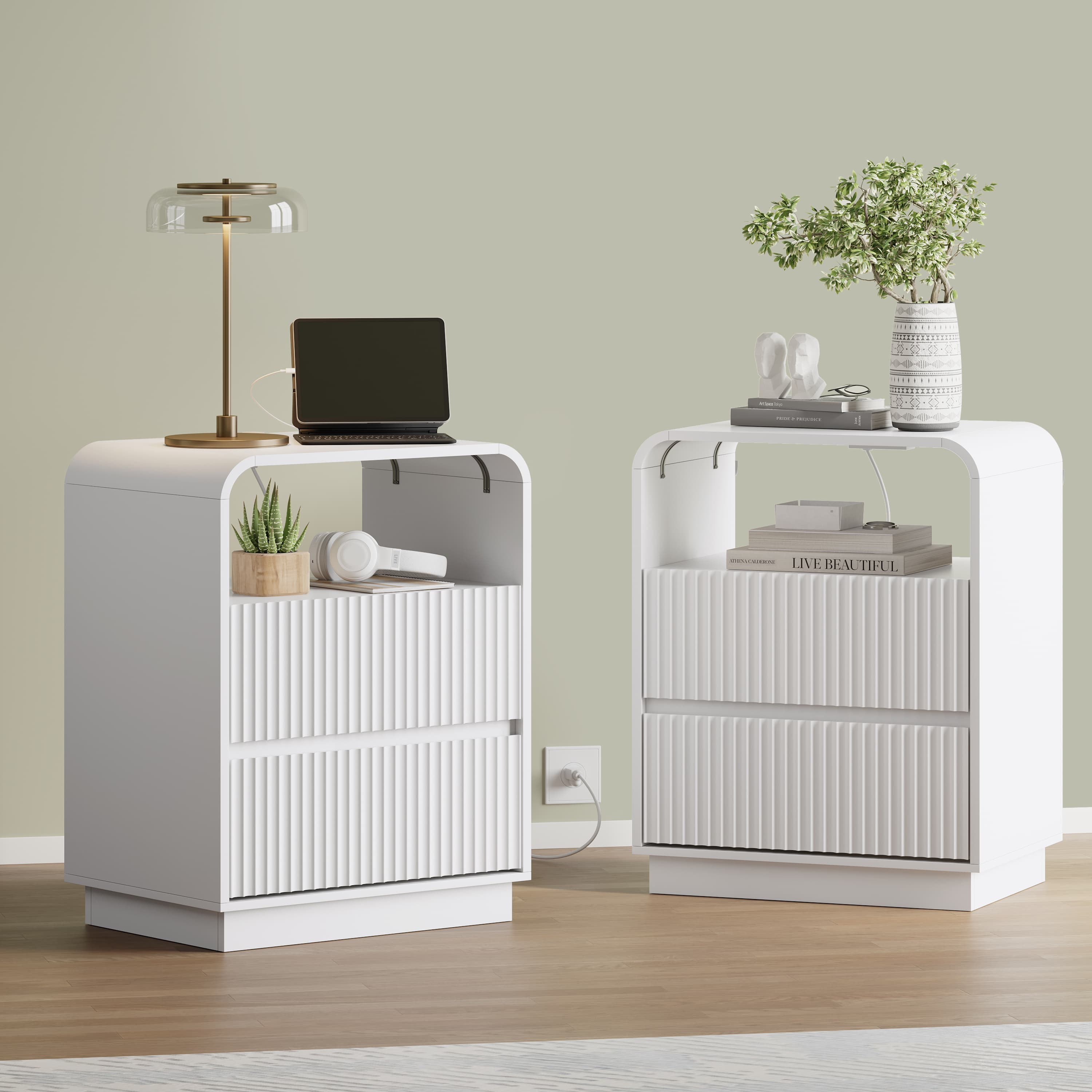 Anymaple Linea White fluted nightstand with charging station bedroom side table lifestyle view with bedside storage