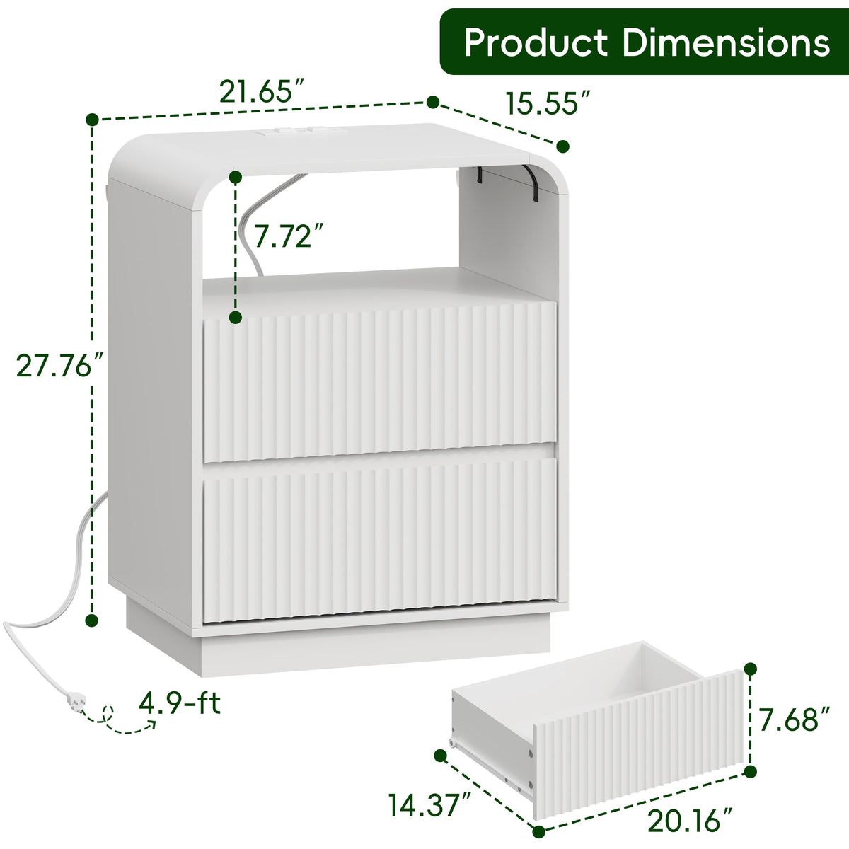 Anymaple Linea White fluted nightstand with charging station bedroom side table lifestyle view with bedside storage