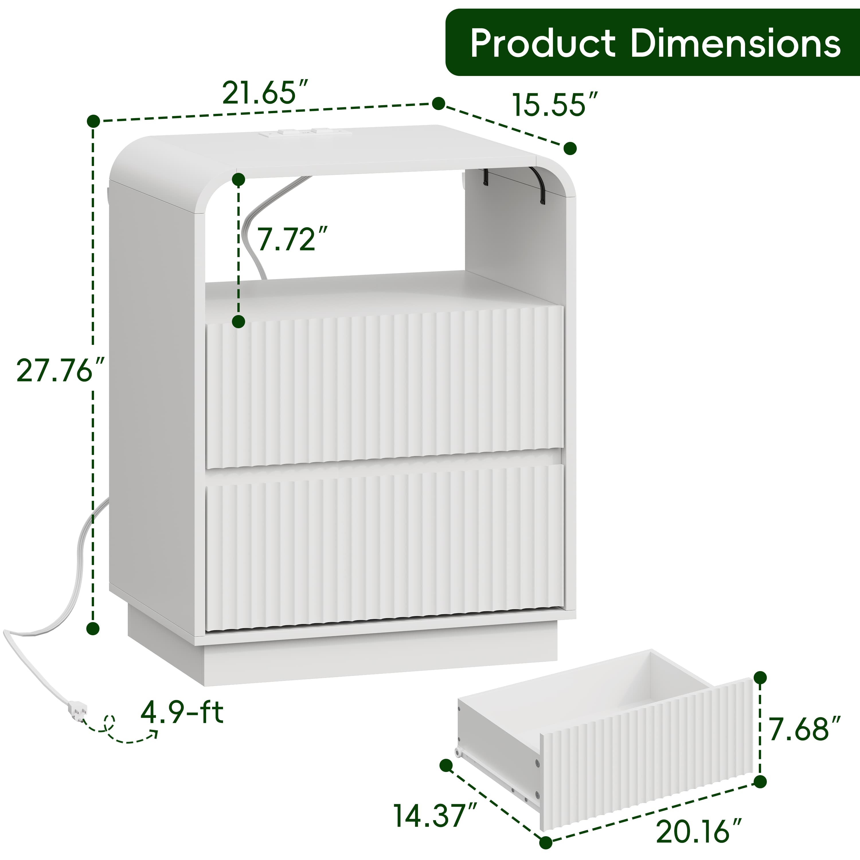 Anymaple Linea White fluted nightstand with charging station bedroom side table lifestyle view with bedside storage