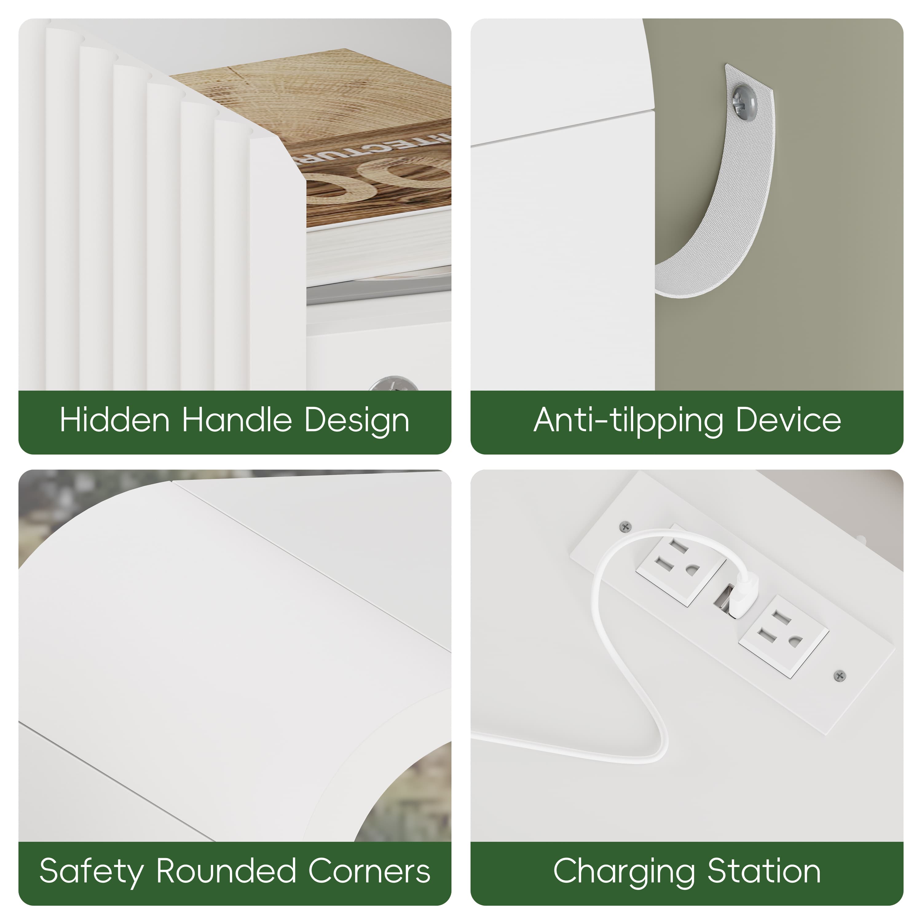 Anymaple Linea White fluted nightstand with charging station charging station, anti-tip, and easy-clean bedside storage detail
