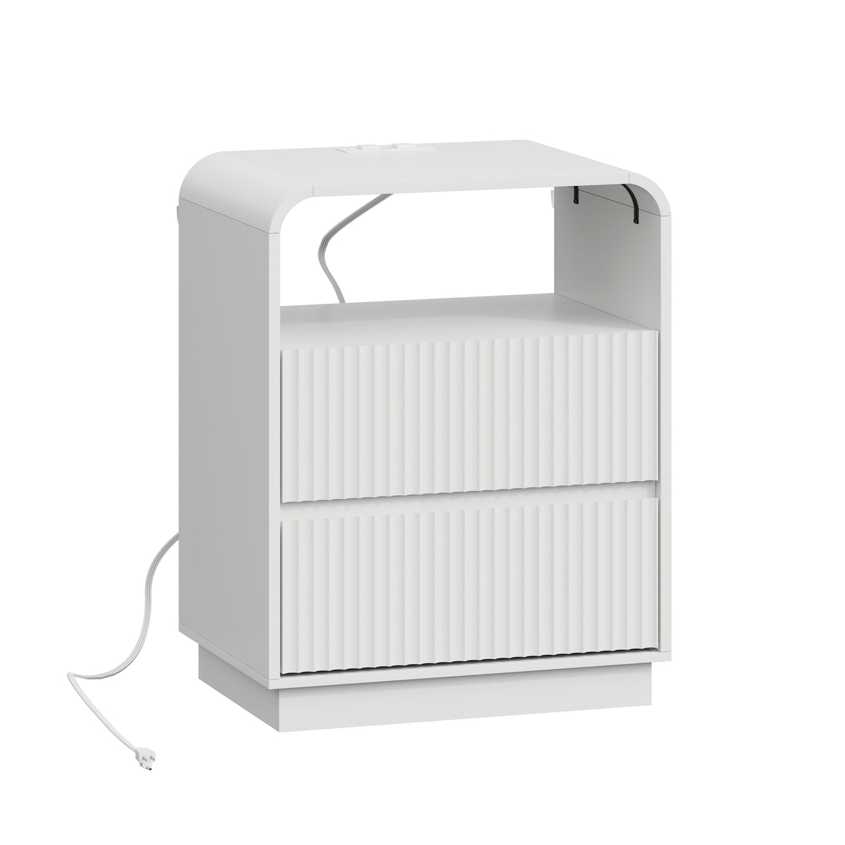 Anymaple Linea White fluted nightstand with charging station charging station, anti-tip, and easy-clean bedside storage detail