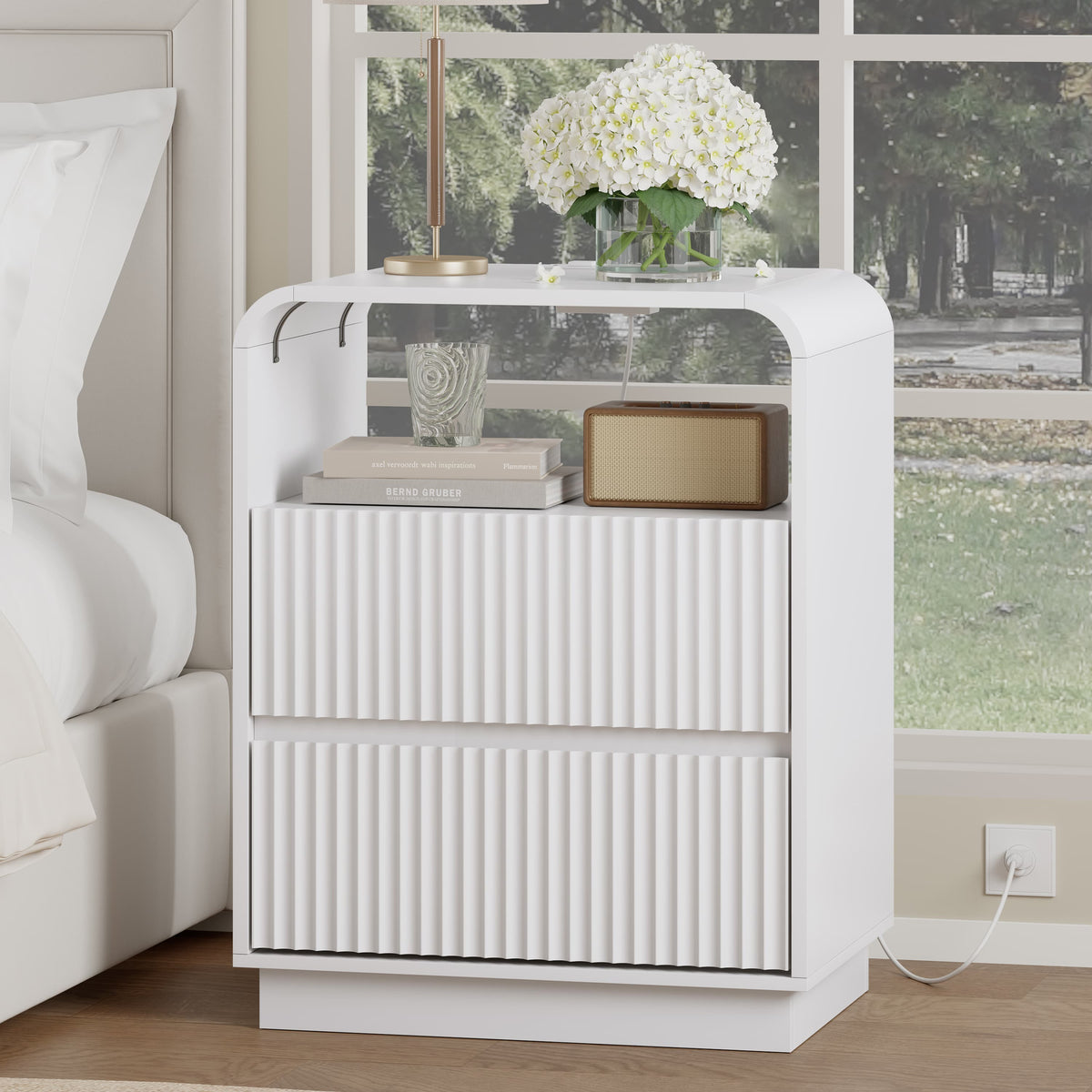 Anymaple Linea White fluted nightstand with charging station bedside main view with rounded fluted front