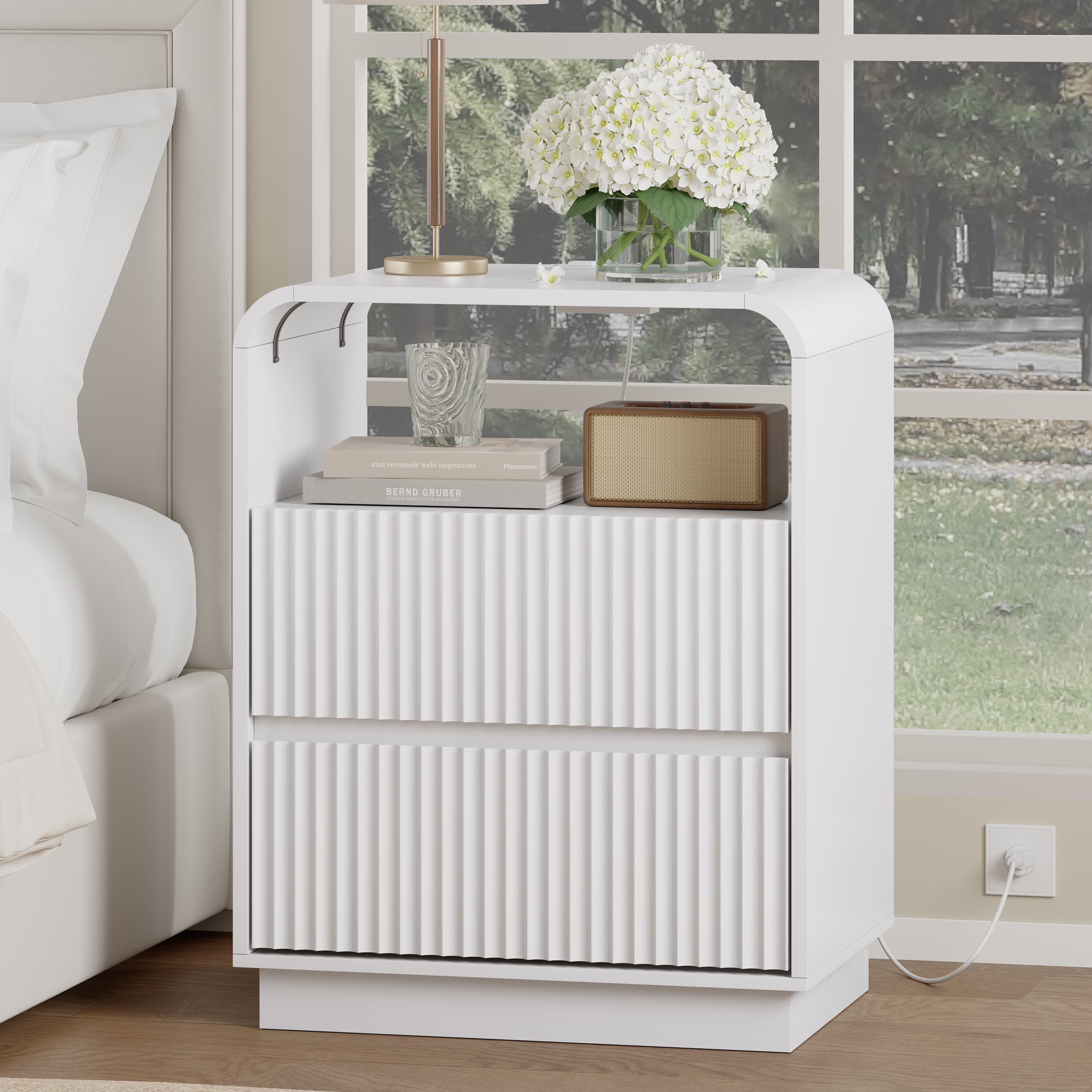Anymaple Linea White fluted nightstand with charging station bedside main view with rounded fluted front