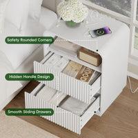 Anymaple Linea White fluted nightstand with charging station open drawer storage for bedside essentials