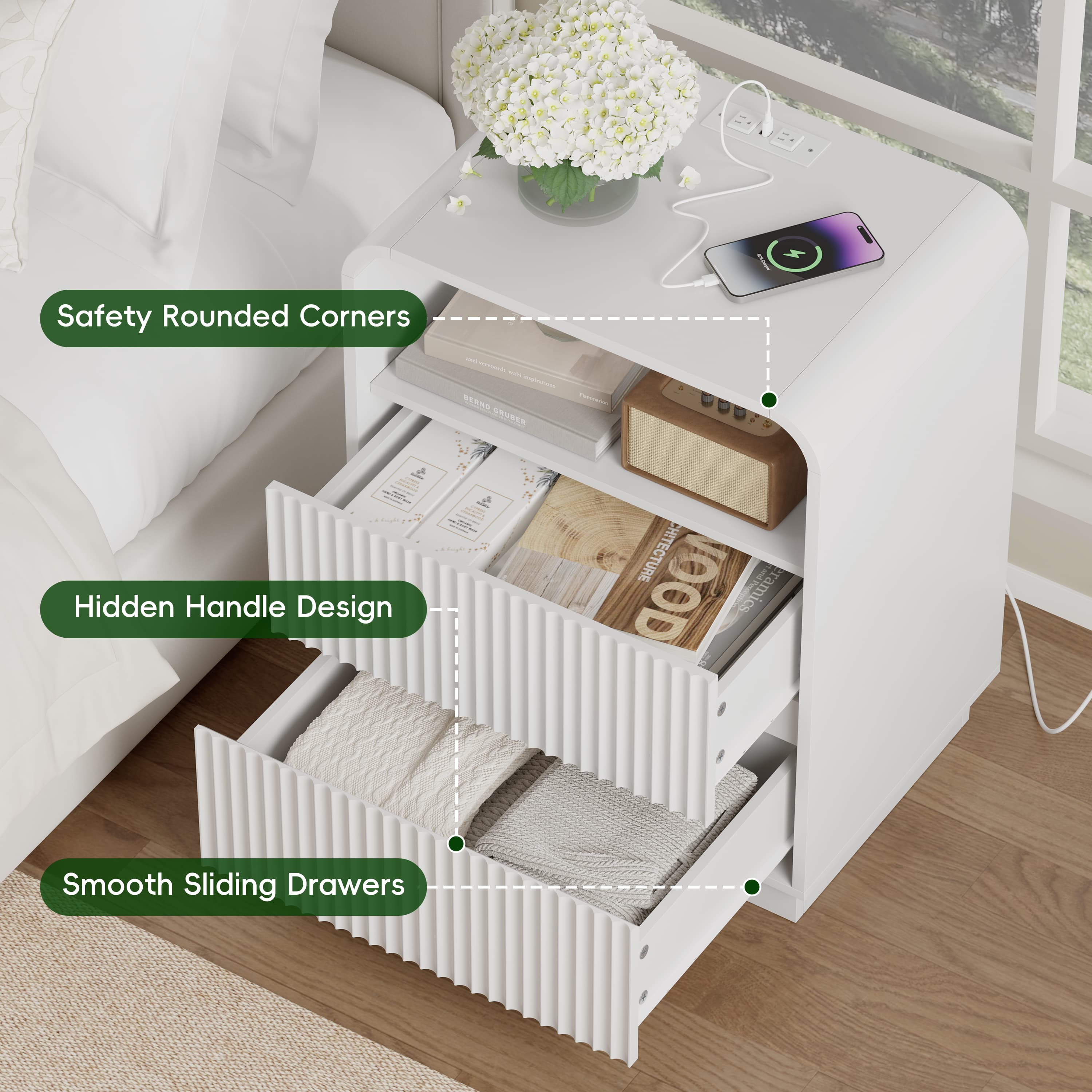 Anymaple Linea White fluted nightstand with charging station open drawer storage for bedside essentials