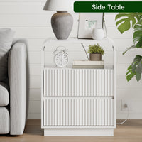 Anymaple Linea White fluted nightstand with charging station product size dimensions, 22"W x 16"D x 28"H
