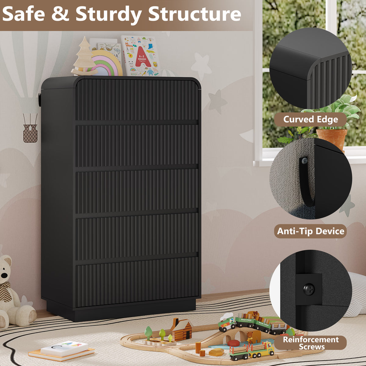 Anymaple Linea Black fluted 5-drawer tall dresser anti-tip hardware, easy-clean top, and fluted drawer detail