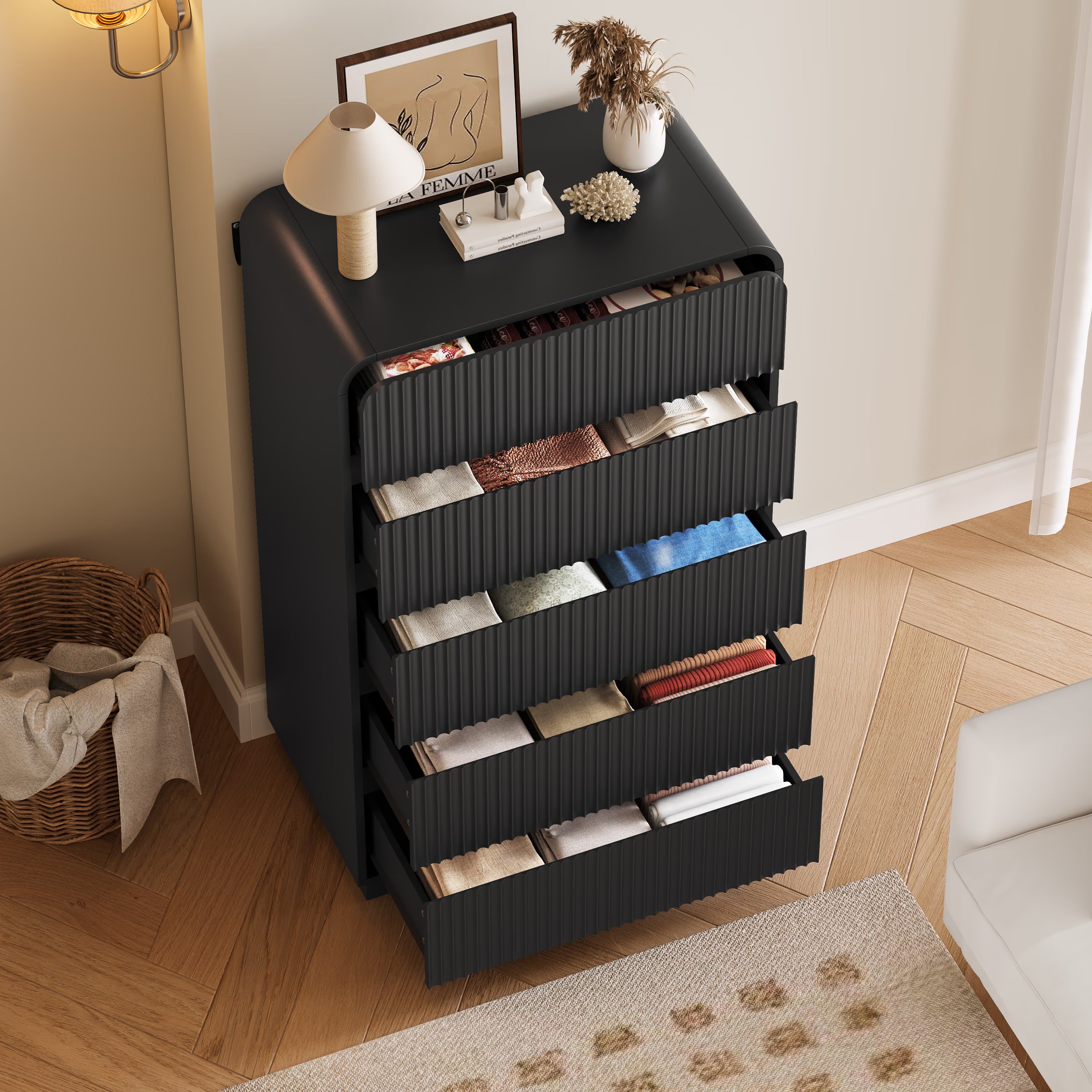 Anymaple Linea Black fluted 5-drawer tall dresser open drawer storage for clothes and linens