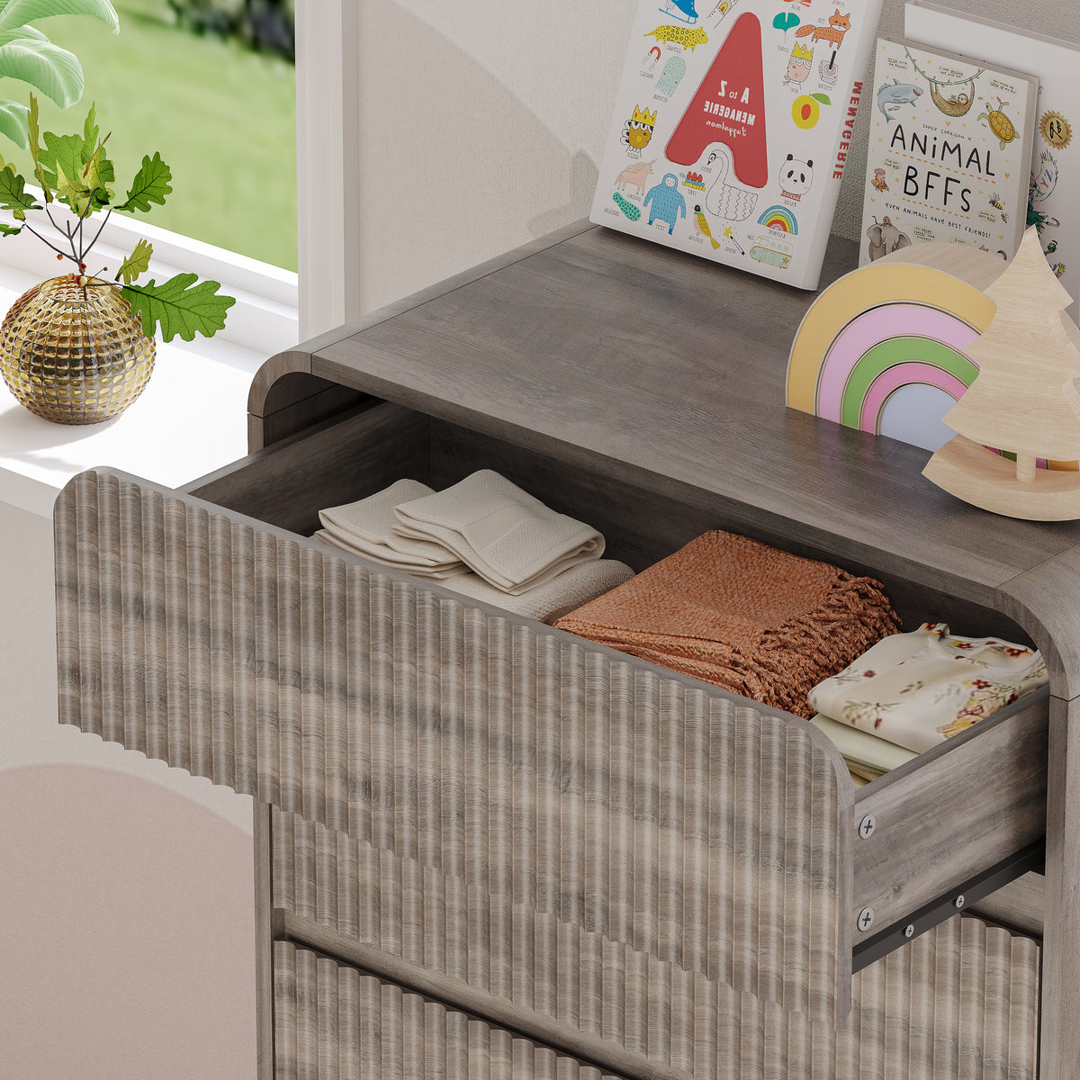 Anymaple Linea Gray fluted 5-drawer tall dresser anti-tip hardware, easy-clean top, and fluted drawer detail